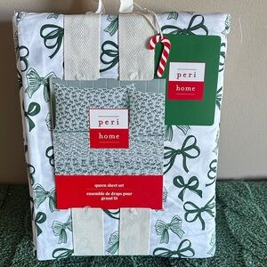 Peri Home Sheet Set Queen Holiday Christmas Green Bow Print NEW!